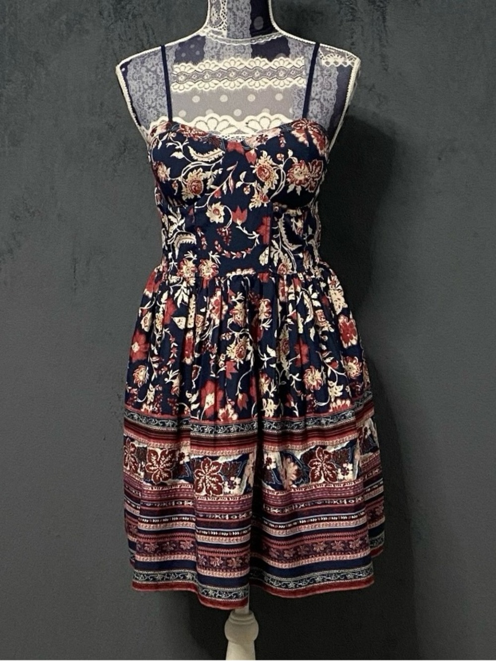 Band of Gypsies Corset Dress Womens L Blue Floral Smocked Sweetheart Fit Flare